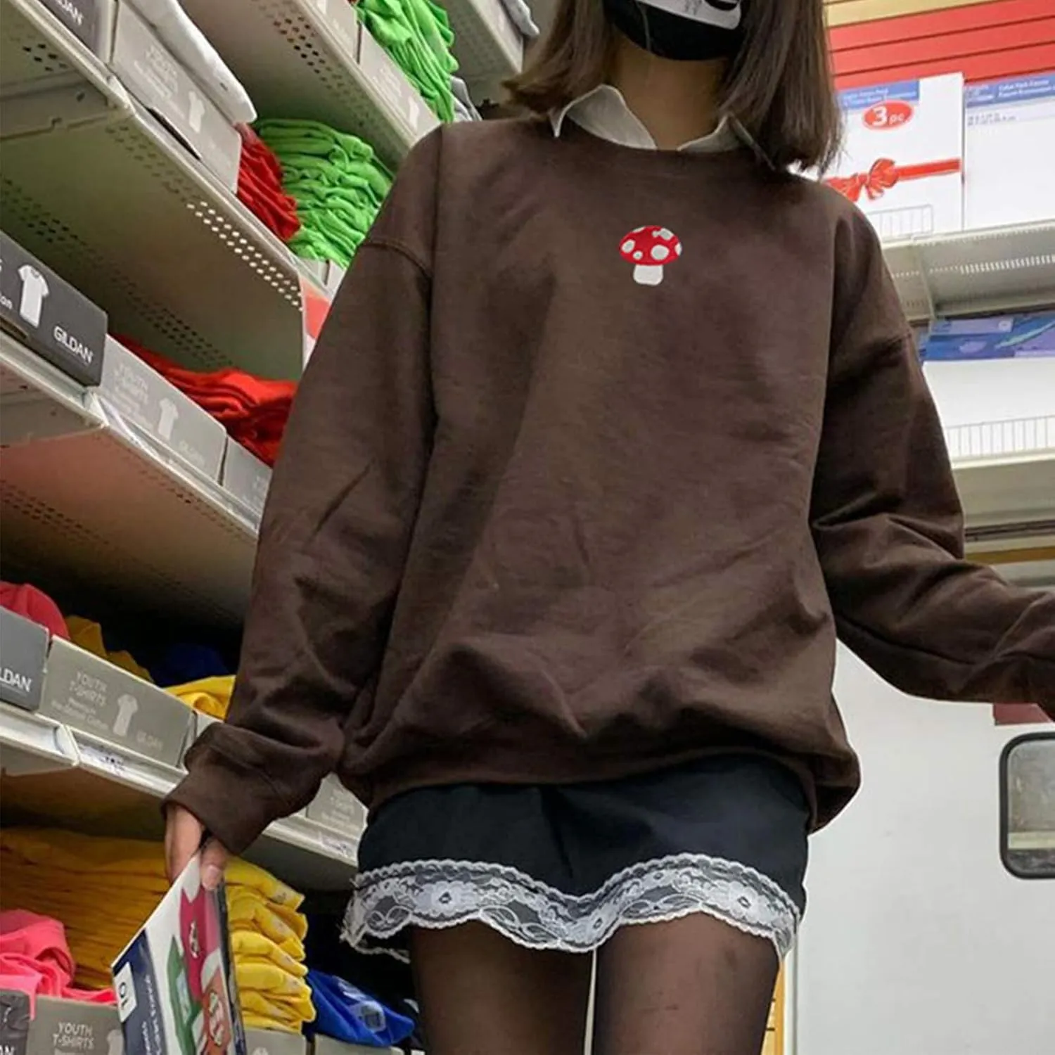 Women Long Sleeve Mushroom Embroidery Casual Oversized Crewneck Pullover Sweatshirt Tops
