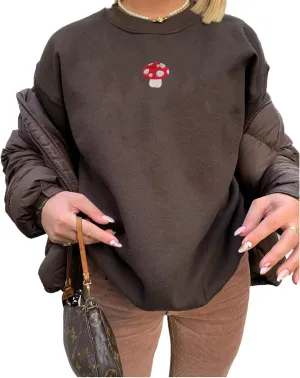 Women Long Sleeve Mushroom Embroidery Casual Oversized Crewneck Pullover Sweatshirt Tops