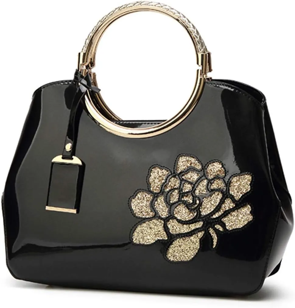 Women Purse and Handbag Patent Leather Satchel Flower Printing Tote Top Handle Shoulder Bag With Pendant