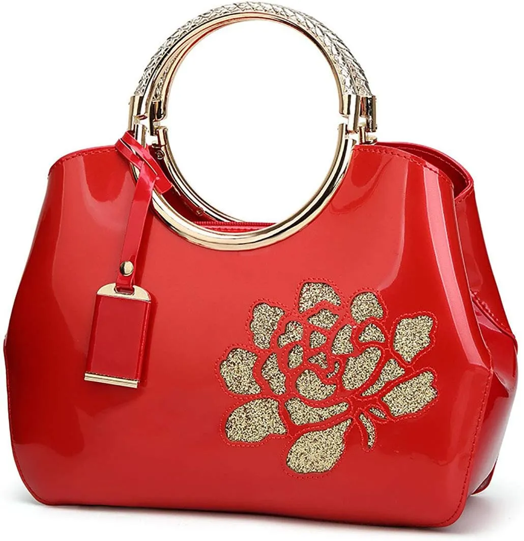 Women Purse and Handbag Patent Leather Satchel Flower Printing Tote Top Handle Shoulder Bag With Pendant