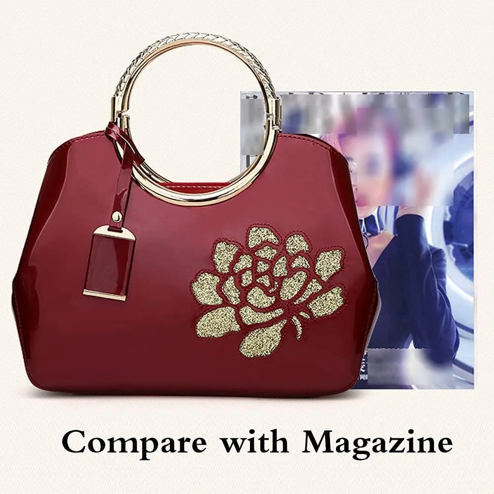 Women Purse and Handbag Patent Leather Satchel Flower Printing Tote Top Handle Shoulder Bag With Pendant