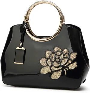 Women Purse and Handbag Patent Leather Satchel Flower Printing Tote Top Handle Shoulder Bag With Pendant