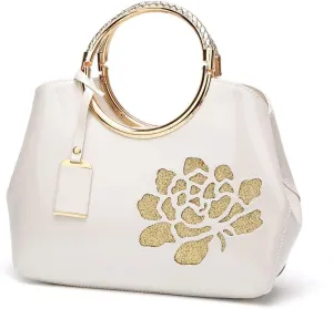 Women Purse and Handbag Patent Leather Satchel Flower Printing Tote Top Handle Shoulder Bag With Pendant