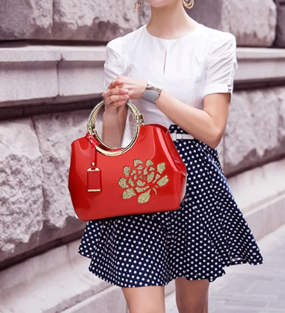 Women Purse and Handbag Patent Leather Satchel Flower Printing Tote Top Handle Shoulder Bag With Pendant