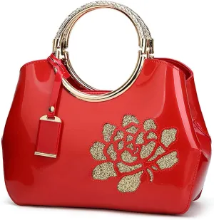 Women Purse and Handbag Patent Leather Satchel Flower Printing Tote Top Handle Shoulder Bag With Pendant