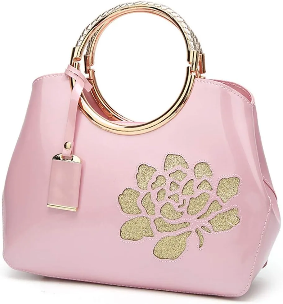 Women Purse and Handbag Patent Leather Satchel Flower Printing Tote Top Handle Shoulder Bag With Pendant
