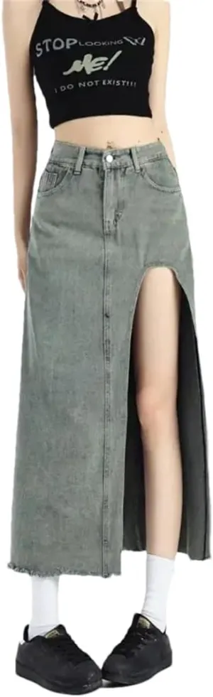 Women Retro A-Line Denim Skirt for Spring High-Waisted Slit Mid Length Skirt Sexy Street Style Clothing Skirt