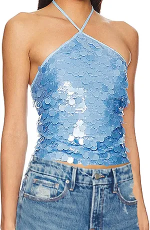 Women Sequin Halter Crop Top Sparkle Glitter Sleeveless Backless Cami Tank Tops Y2K Overall Sequins Camisole Going Out