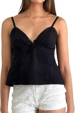 Women Spaghetti Strap Lace Trim Crop Camisole Sexy V Neck Vintage Backless Y2k Fairy Grunge Cami Shirt