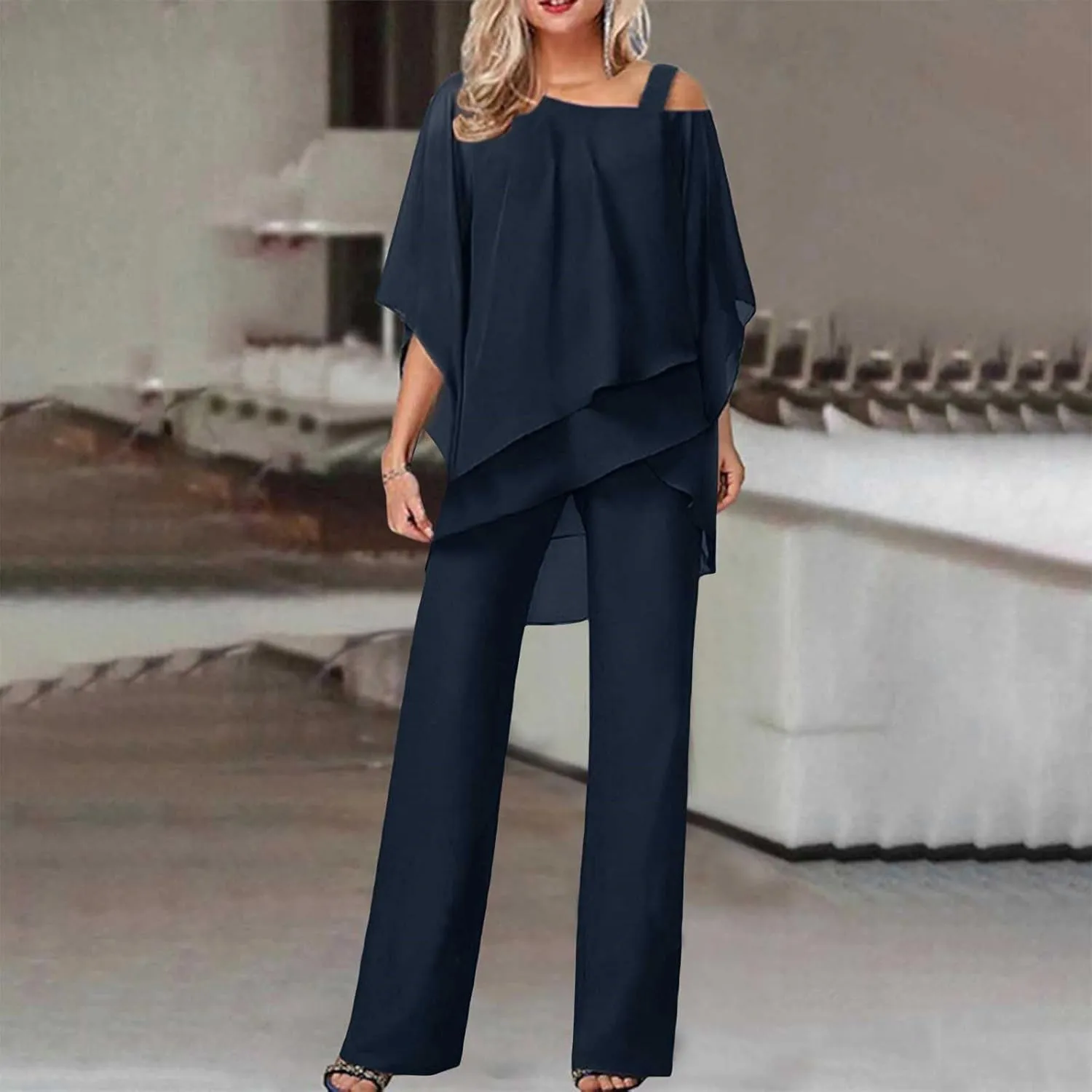 Women Summer 2 Piece Outfits High Low Sexy Off Shoulder Short Sleeve Flowy Blouse Suits Loose Fit Wide Leg Pants Sets