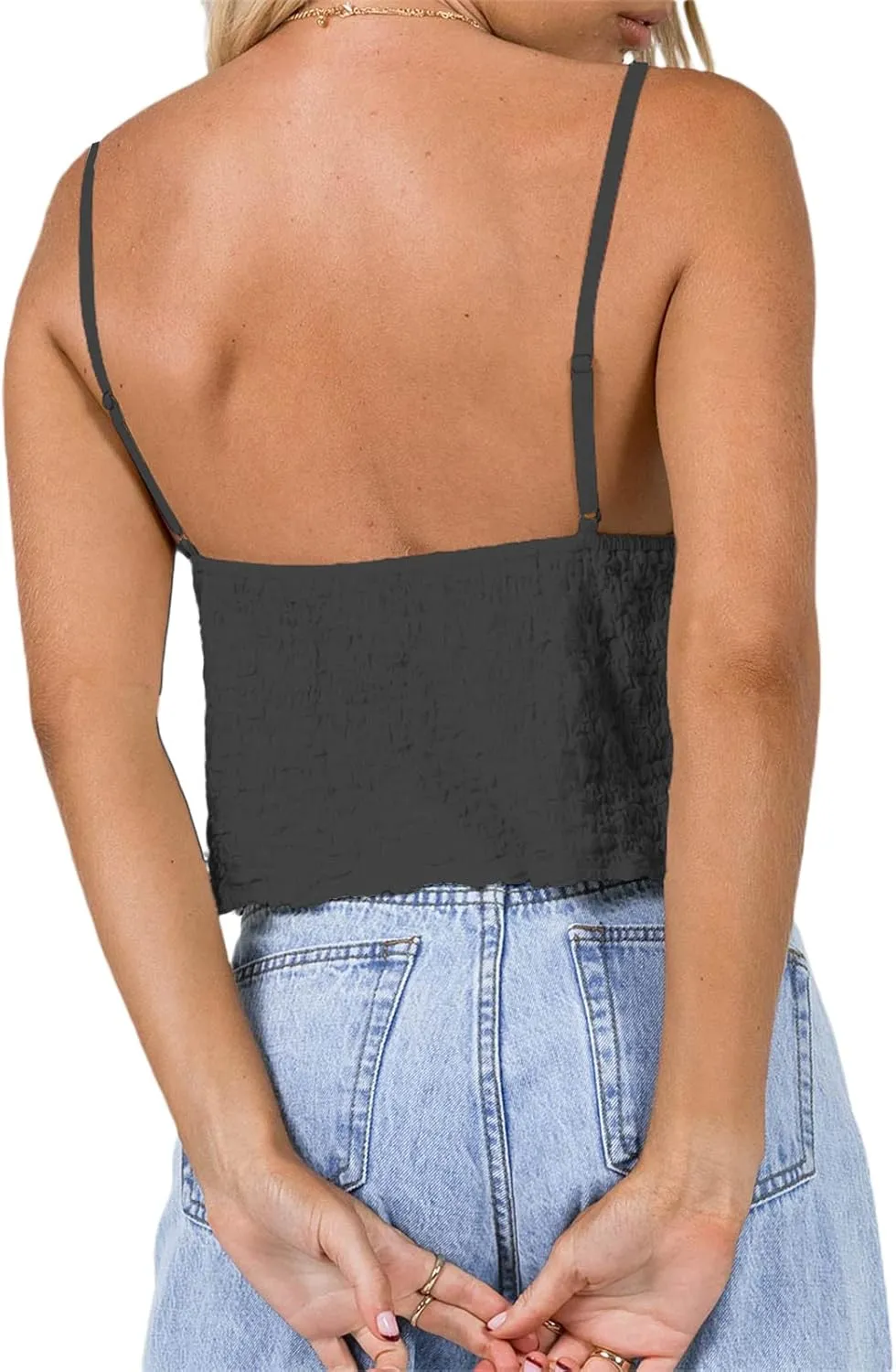 Women Summer Camisole Sleeveless Deep V Neck Tie Up Front Tank Top Solid Color Ruffle Trim Casual Cami Tops
