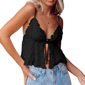 Women Summer Camisole Sleeveless Deep V Neck Tie Up Front Tank Top Solid Color Ruffle Trim Casual Cami Tops