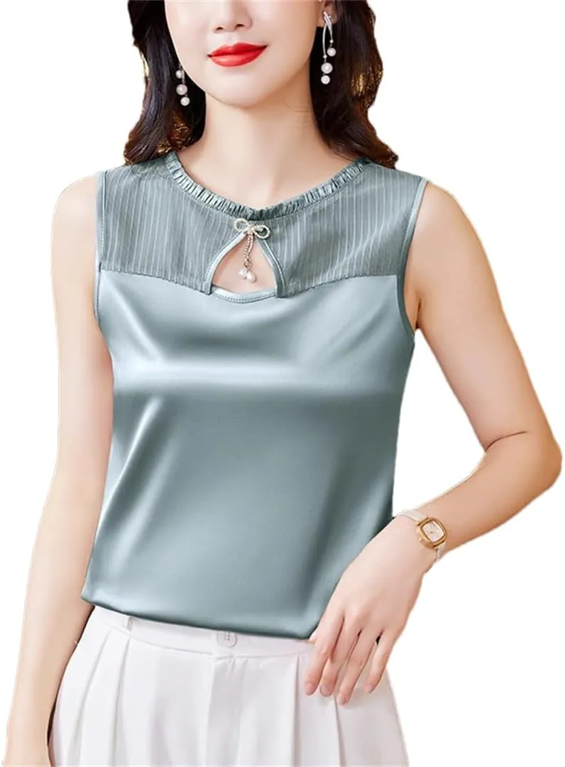 Women Summer Tank Top Sleeveless Silk Satin Shirt Casual Round Neck Hollow Out Patchwork Camisole Vest