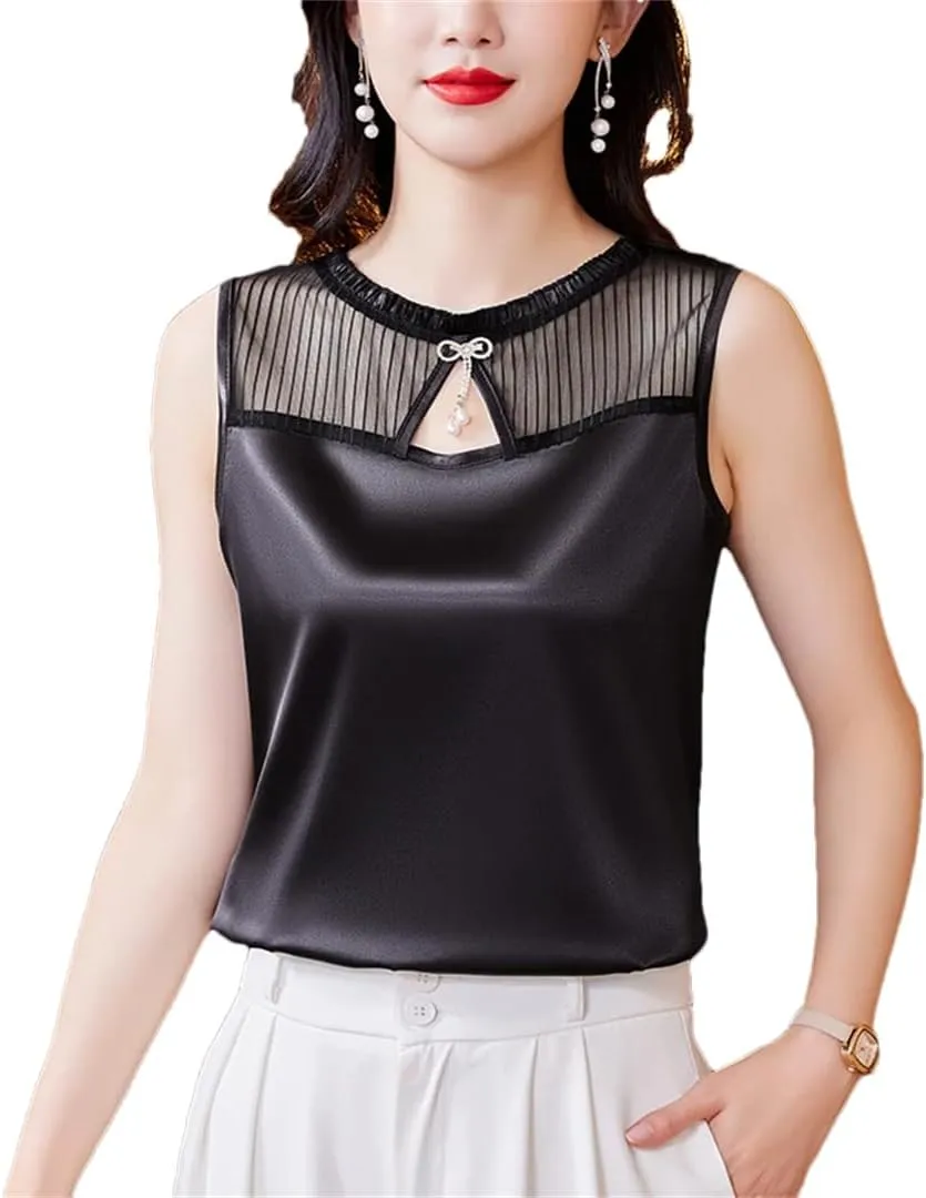 Women Summer Tank Top Sleeveless Silk Satin Shirt Casual Round Neck Hollow Out Patchwork Camisole Vest