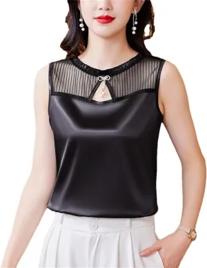 Women Summer Tank Top Sleeveless Silk Satin Shirt Casual Round Neck Hollow Out Patchwork Camisole Vest