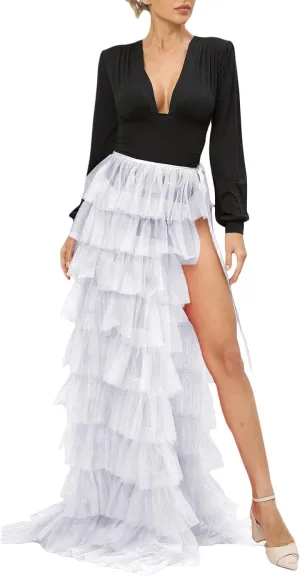 Women Tulle Tutu Long Skirts Wedding Party Cocktail Prom Bandage Mesh Overskirt Ruffled Steampunk Tie-on Bustle Skirt