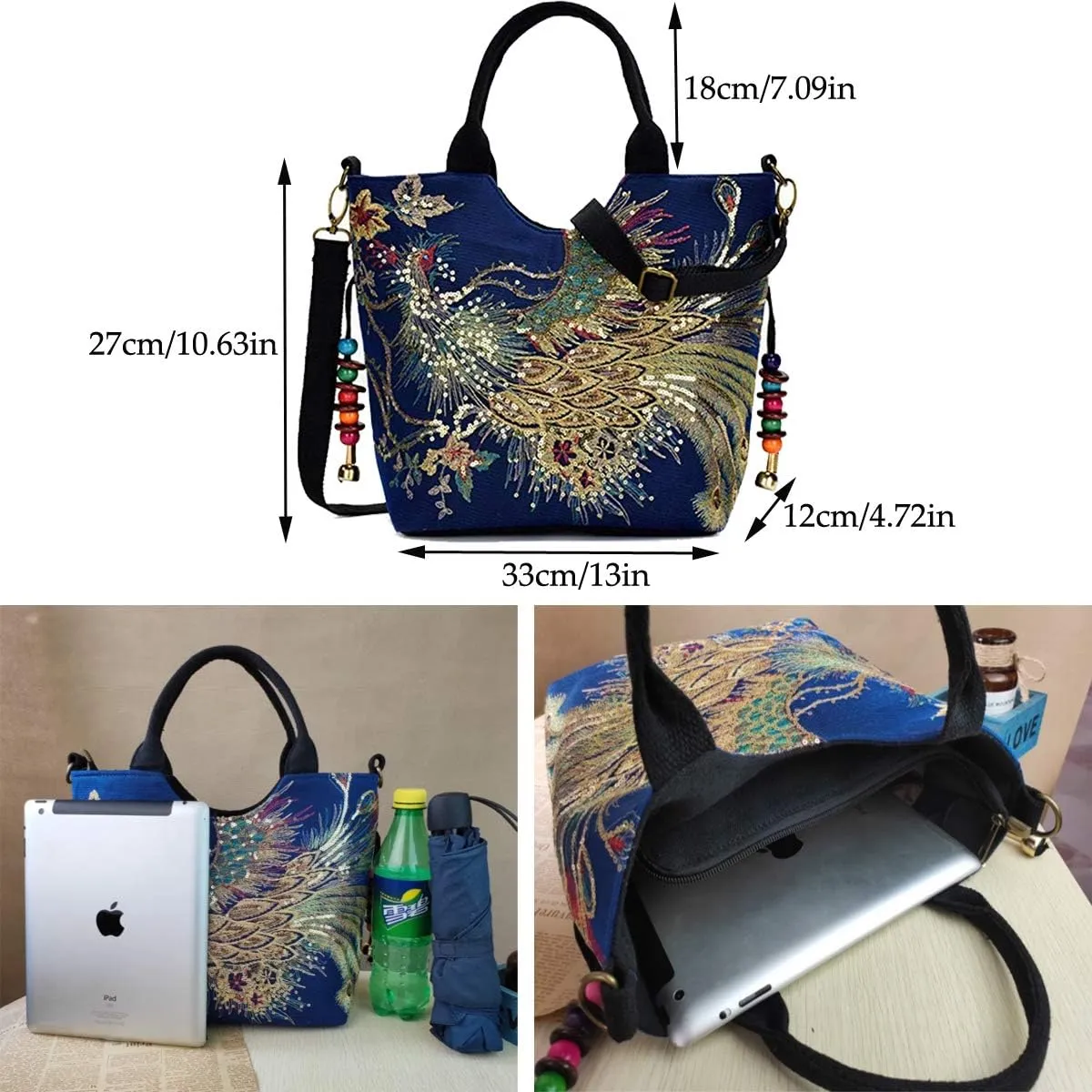 Women Vintage Sequins Peacock Handbag - Ethnic Embroidery with Pendants