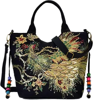 Women Vintage Sequins Peacock Handbag - Ethnic Embroidery with Pendants