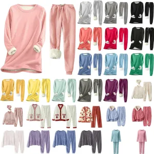 Women Warm Pajama Set Fleece Lined Long Sleeve Crewneck Sweatshirt Pullover Thicken High Waist Pants Loungewear