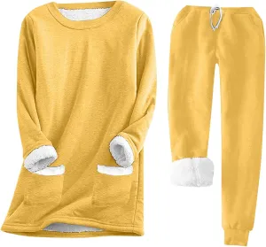 Women Warm Pajama Set Fleece Lined Long Sleeve Crewneck Sweatshirt Pullover Thicken High Waist Pants Loungewear