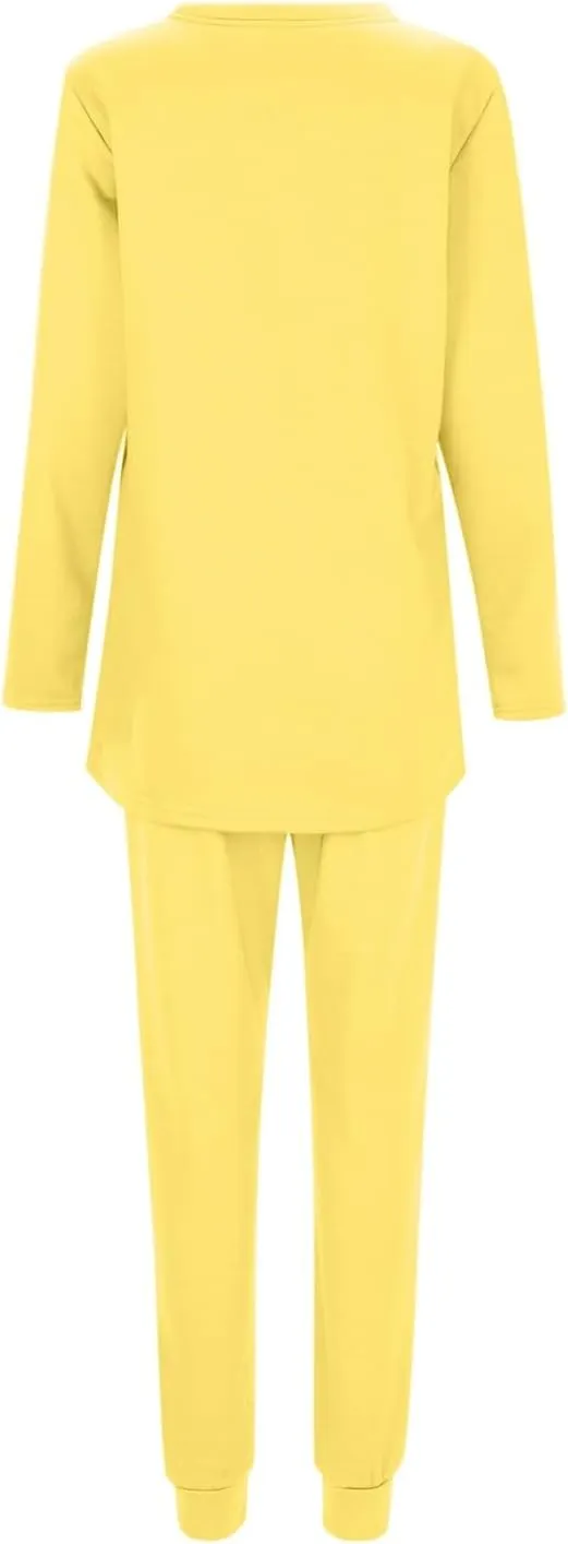 Women Warm Pajama Set Fleece Lined Long Sleeve Crewneck Sweatshirt Pullover Thicken High Waist Pants Loungewear