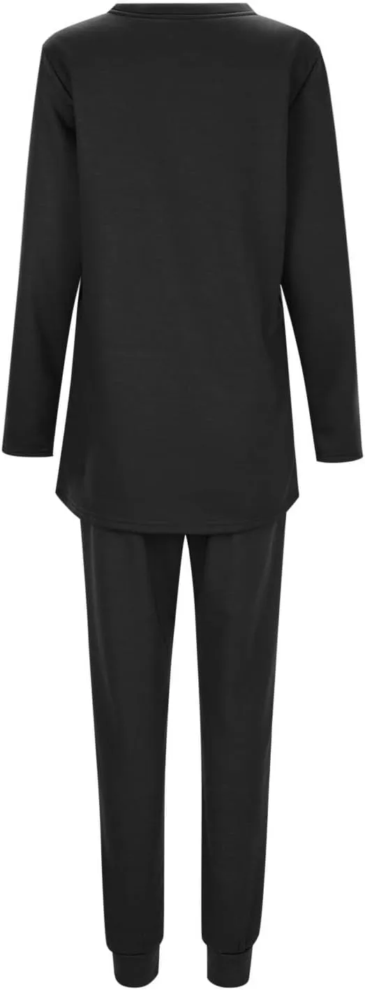 Women Warm Pajama Set Fleece Lined Long Sleeve Crewneck Sweatshirt Pullover Thicken High Waist Pants Loungewear