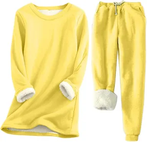 Women Warm Pajama Set Fleece Lined Long Sleeve Crewneck Sweatshirt Pullover Thicken High Waist Pants Loungewear