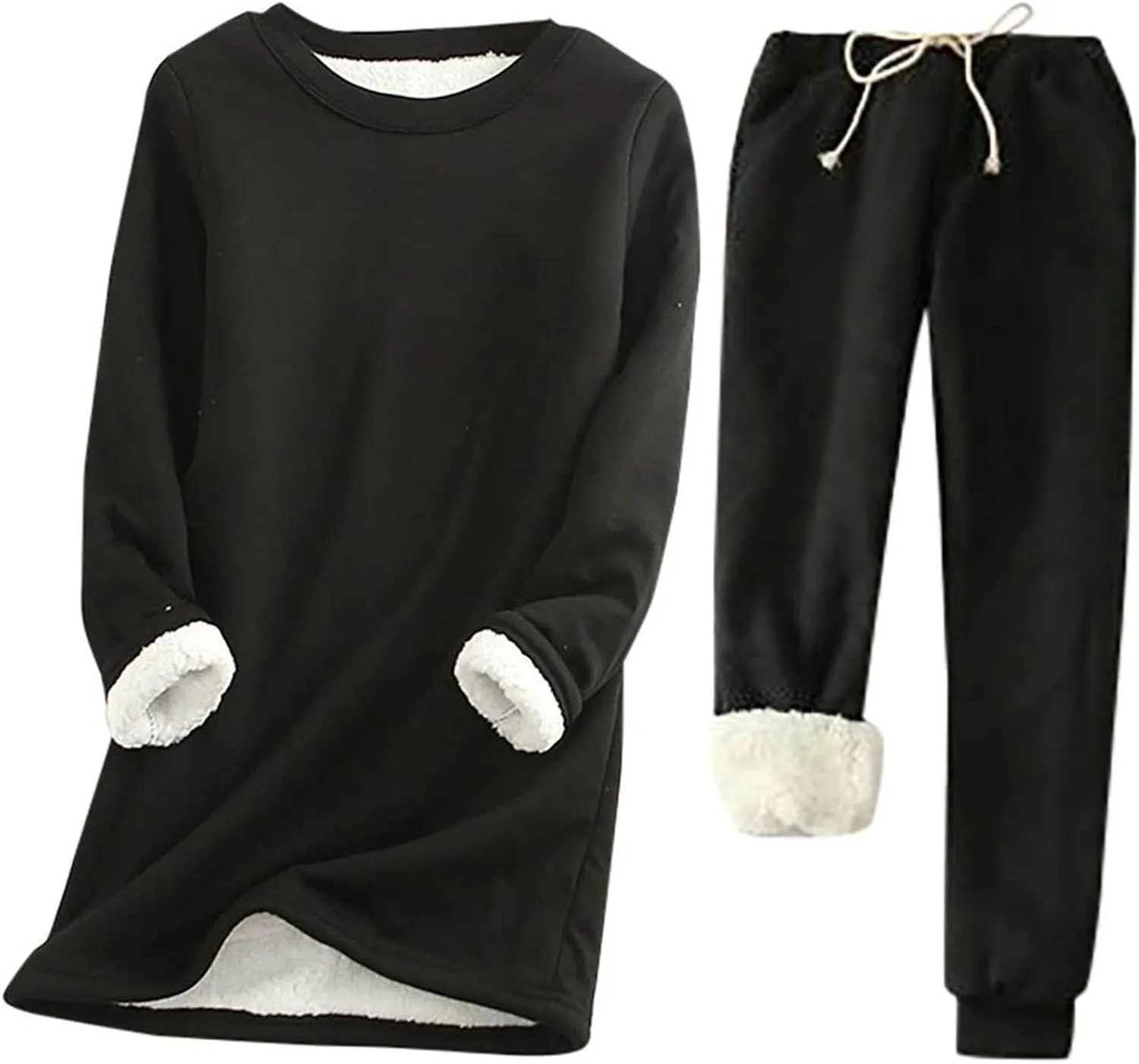 Women Warm Pajama Set Fleece Lined Long Sleeve Crewneck Sweatshirt Pullover Thicken High Waist Pants Loungewear
