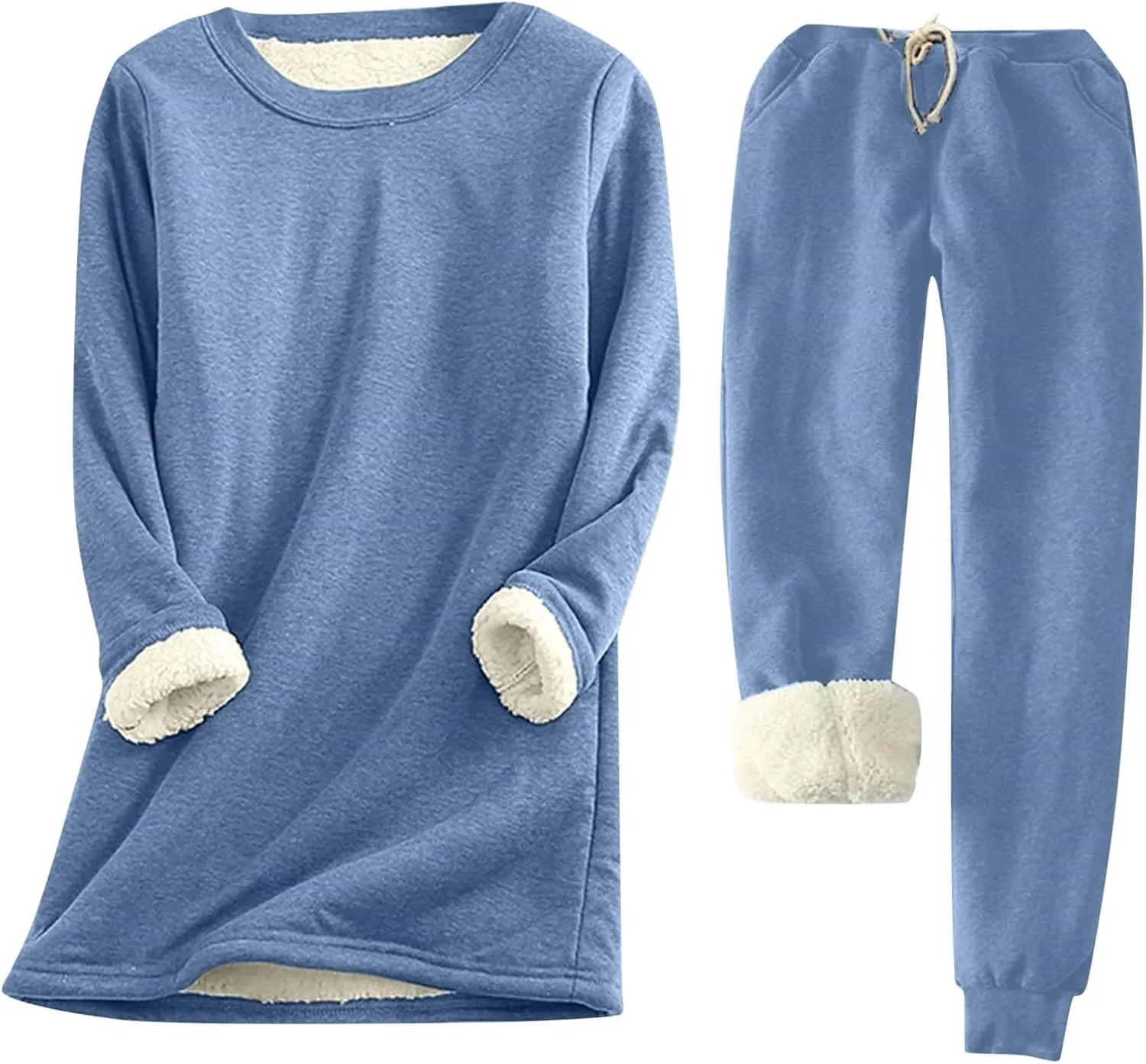 Women Warm Pajama Set Fleece Lined Long Sleeve Crewneck Sweatshirt Pullover Thicken High Waist Pants Loungewear