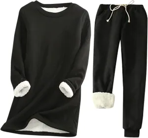 Women Warm Pajama Set Fleece Lined Long Sleeve Crewneck Sweatshirt Pullover Thicken High Waist Pants Loungewear