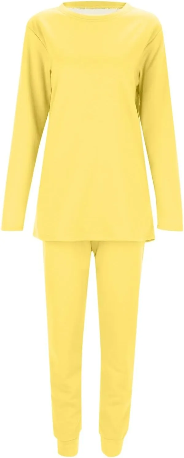 Women Warm Pajama Set Fleece Lined Long Sleeve Crewneck Sweatshirt Pullover Thicken High Waist Pants Loungewear