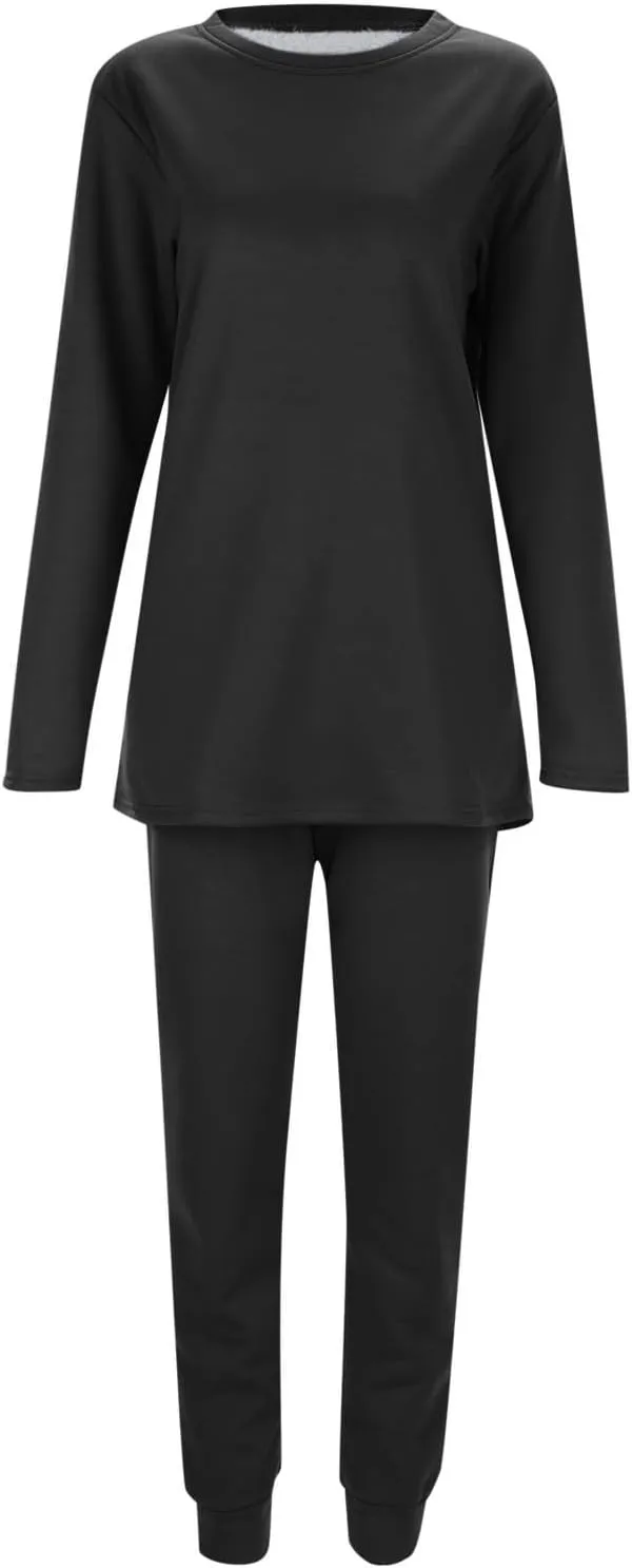 Women Warm Pajama Set Fleece Lined Long Sleeve Crewneck Sweatshirt Pullover Thicken High Waist Pants Loungewear