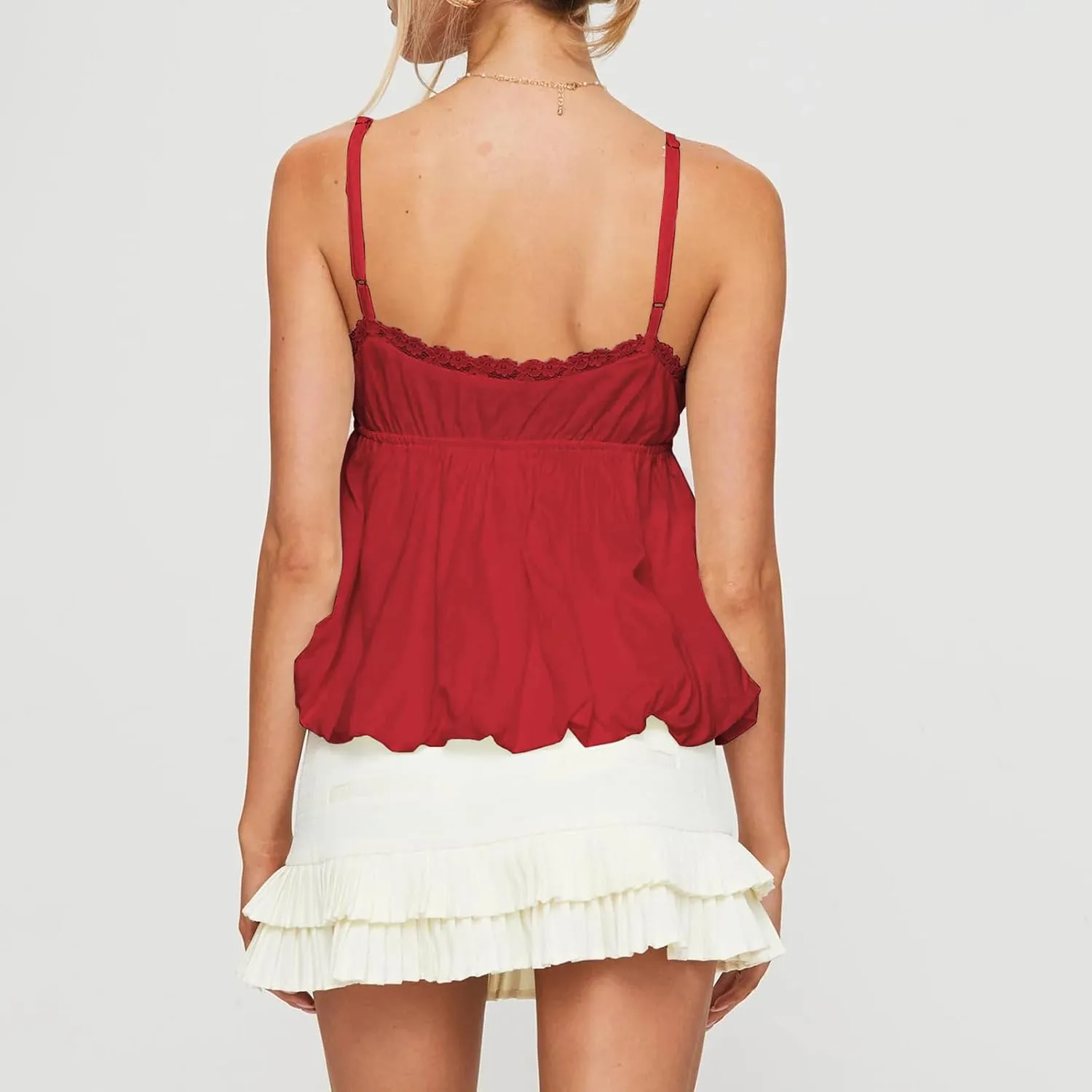 Women Y2K Cami Shirt Sexy Sleeveless V Neck Lace Ruffle Peplum Tank Top Cropped Spaghetti Strap Babydoll Camisole
