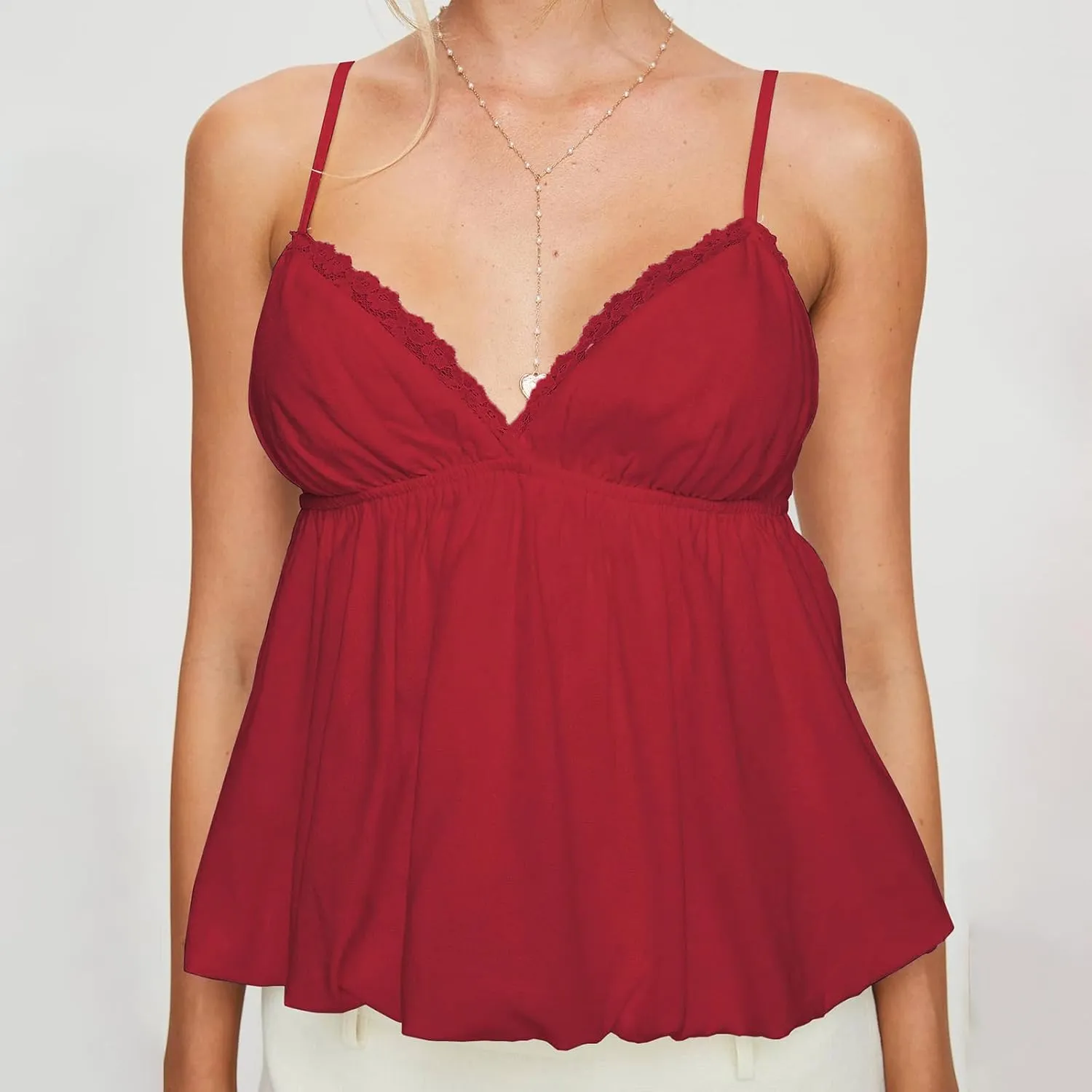 Women Y2K Cami Shirt Sexy Sleeveless V Neck Lace Ruffle Peplum Tank Top Cropped Spaghetti Strap Babydoll Camisole