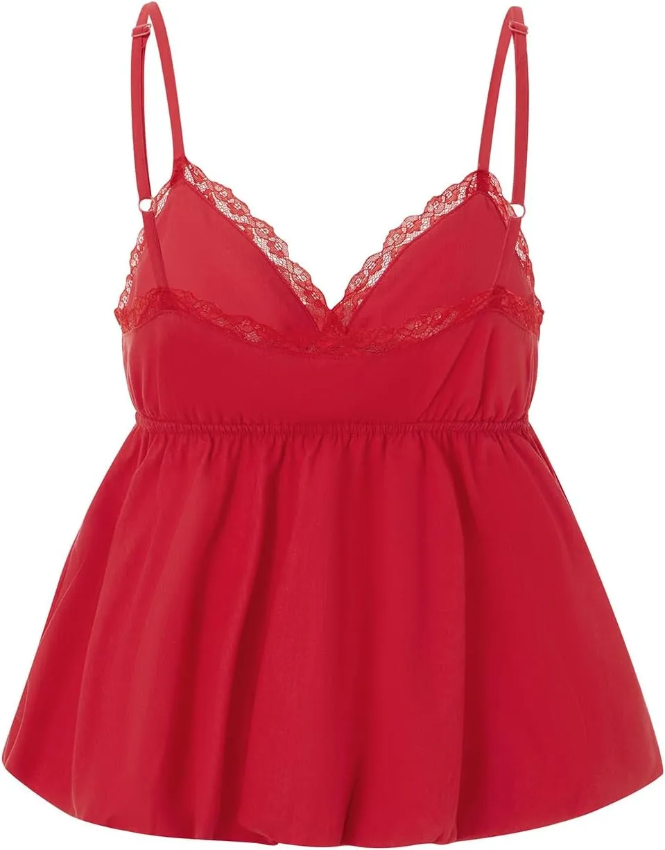 Women Y2K Cami Shirt Sexy Sleeveless V Neck Lace Ruffle Peplum Tank Top Cropped Spaghetti Strap Babydoll Camisole