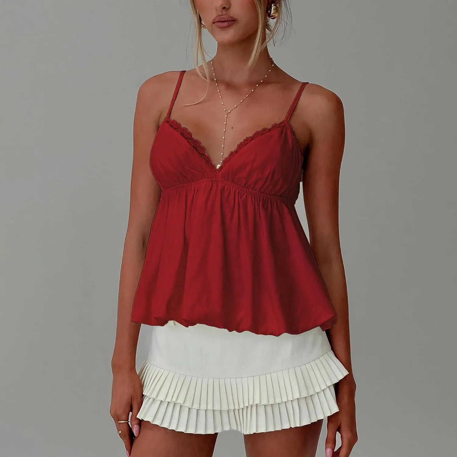 Women Y2K Cami Shirt Sexy Sleeveless V Neck Lace Ruffle Peplum Tank Top Cropped Spaghetti Strap Babydoll Camisole