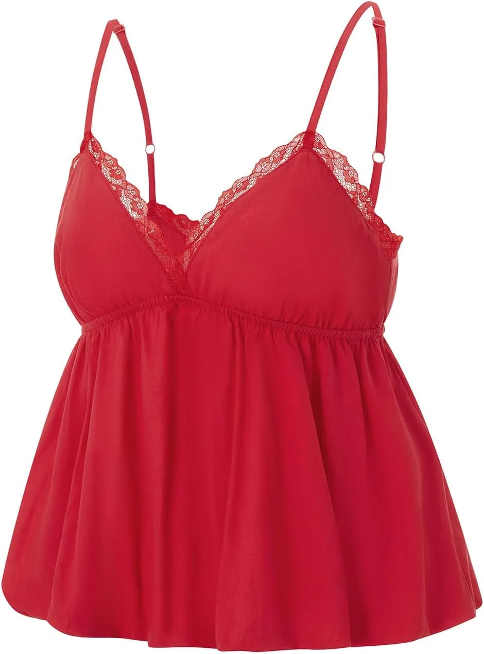 Women Y2K Cami Shirt Sexy Sleeveless V Neck Lace Ruffle Peplum Tank Top Cropped Spaghetti Strap Babydoll Camisole