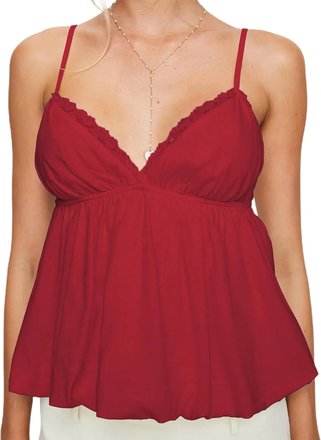 Women Y2K Cami Shirt Sexy Sleeveless V Neck Lace Ruffle Peplum Tank Top Cropped Spaghetti Strap Babydoll Camisole
