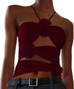 Women Y2k Floral Tank Top 3D Rosette Spaghetti Strap Ruffles Frill Camisole Sleeveless Backless Flower Tube Tops