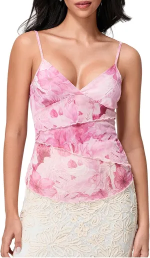 Women Y2k Floral Tank Top V Neck Spaghetti Strap Lace Sheer Ruffle Slim Crop Camisole Sexy Fairy Going Out Streetwear