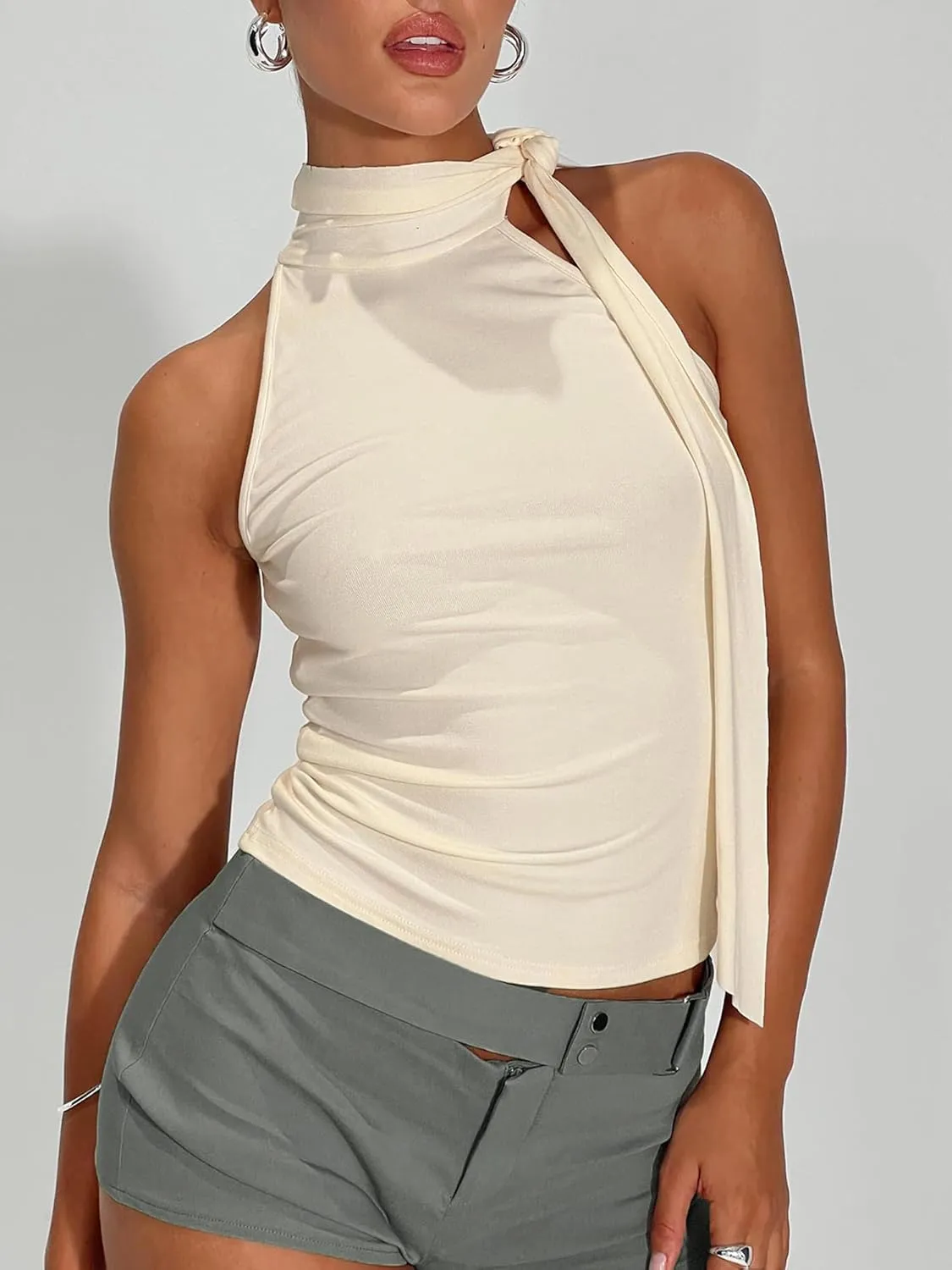 Women Y2K High Neck Tank Tops Sleeveless Slim Summer Shirts Going Out Mock Neck Bow Tie Cami Top with Scarf