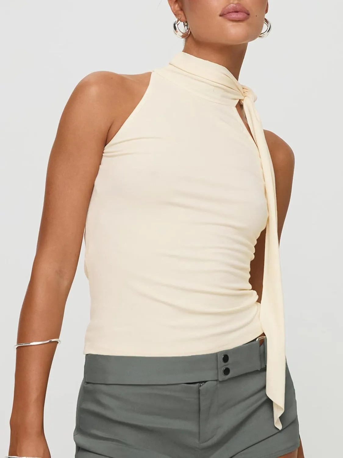 Women Y2K High Neck Tank Tops Sleeveless Slim Summer Shirts Going Out Mock Neck Bow Tie Cami Top with Scarf