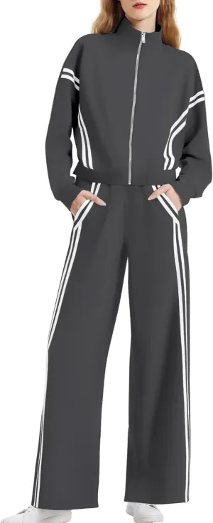 Women's 2 Piece Lounge Outfits Zip Up Sweat Set Contrast Striped Wide Leg Jogging Pants Travel Track Suit