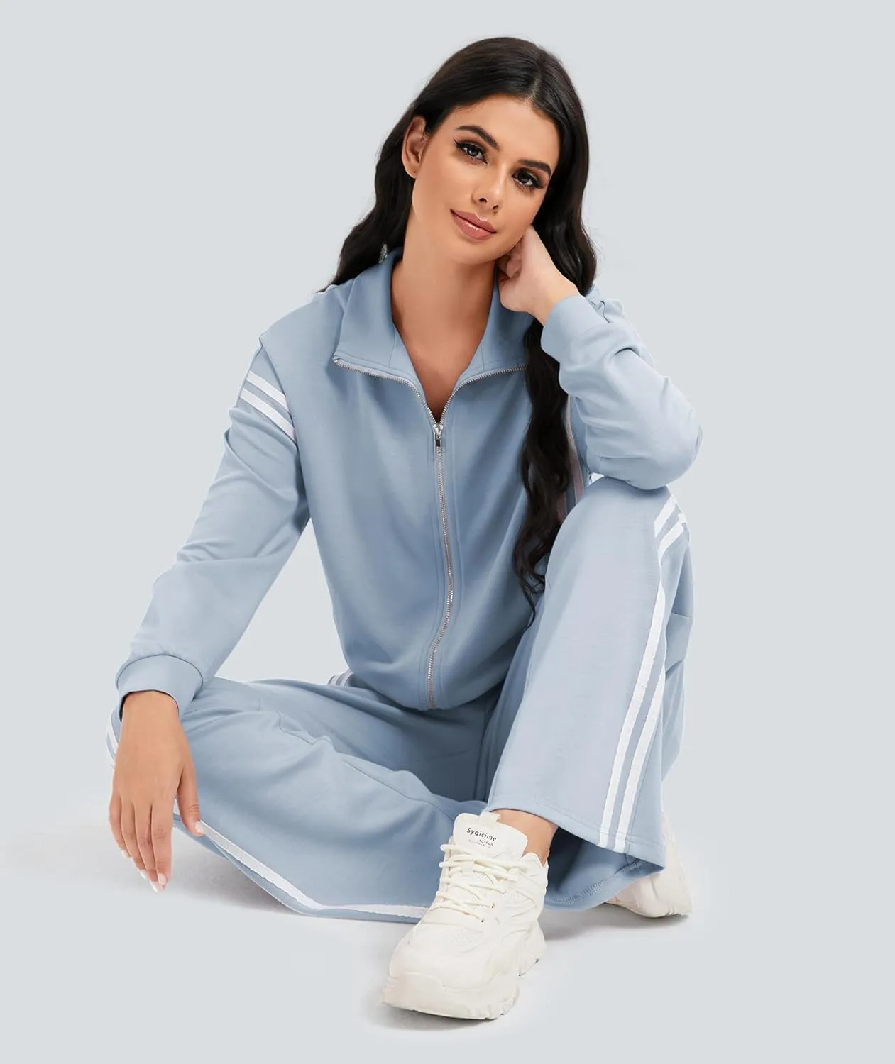 Women's 2 Piece Lounge Outfits Zip Up Sweat Set Contrast Striped Wide Leg Jogging Pants Travel Track Suit