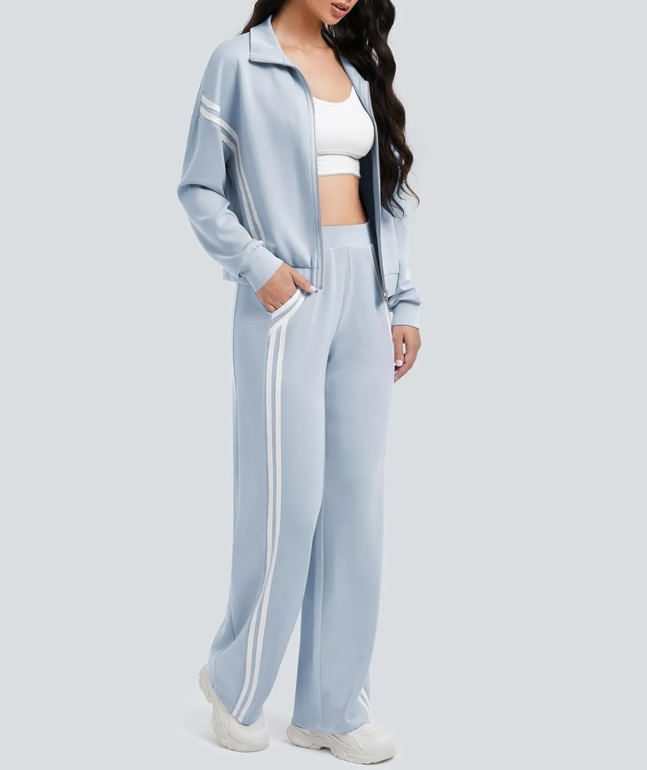 Women's 2 Piece Lounge Outfits Zip Up Sweat Set Contrast Striped Wide Leg Jogging Pants Travel Track Suit