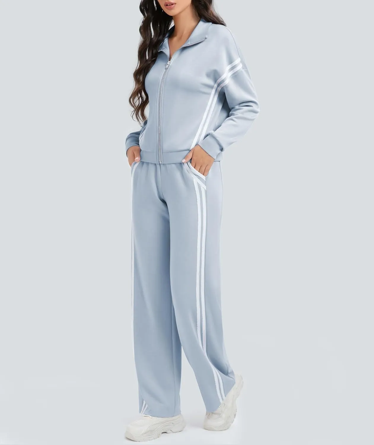 Women's 2 Piece Lounge Outfits Zip Up Sweat Set Contrast Striped Wide Leg Jogging Pants Travel Track Suit