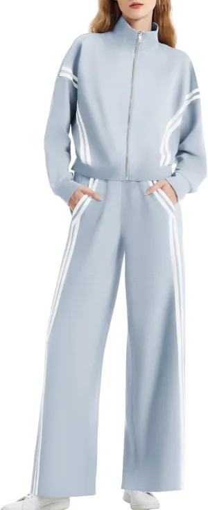 Women's 2 Piece Lounge Outfits Zip Up Sweat Set Contrast Striped Wide Leg Jogging Pants Travel Track Suit