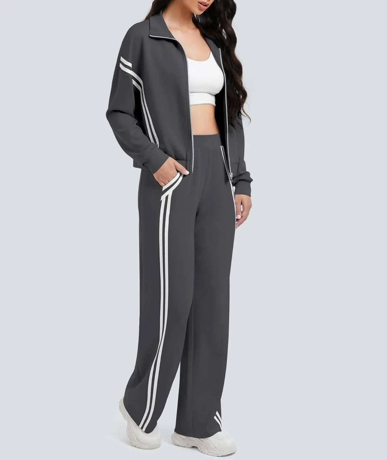 Women's 2 Piece Lounge Outfits Zip Up Sweat Set Contrast Striped Wide Leg Jogging Pants Travel Track Suit