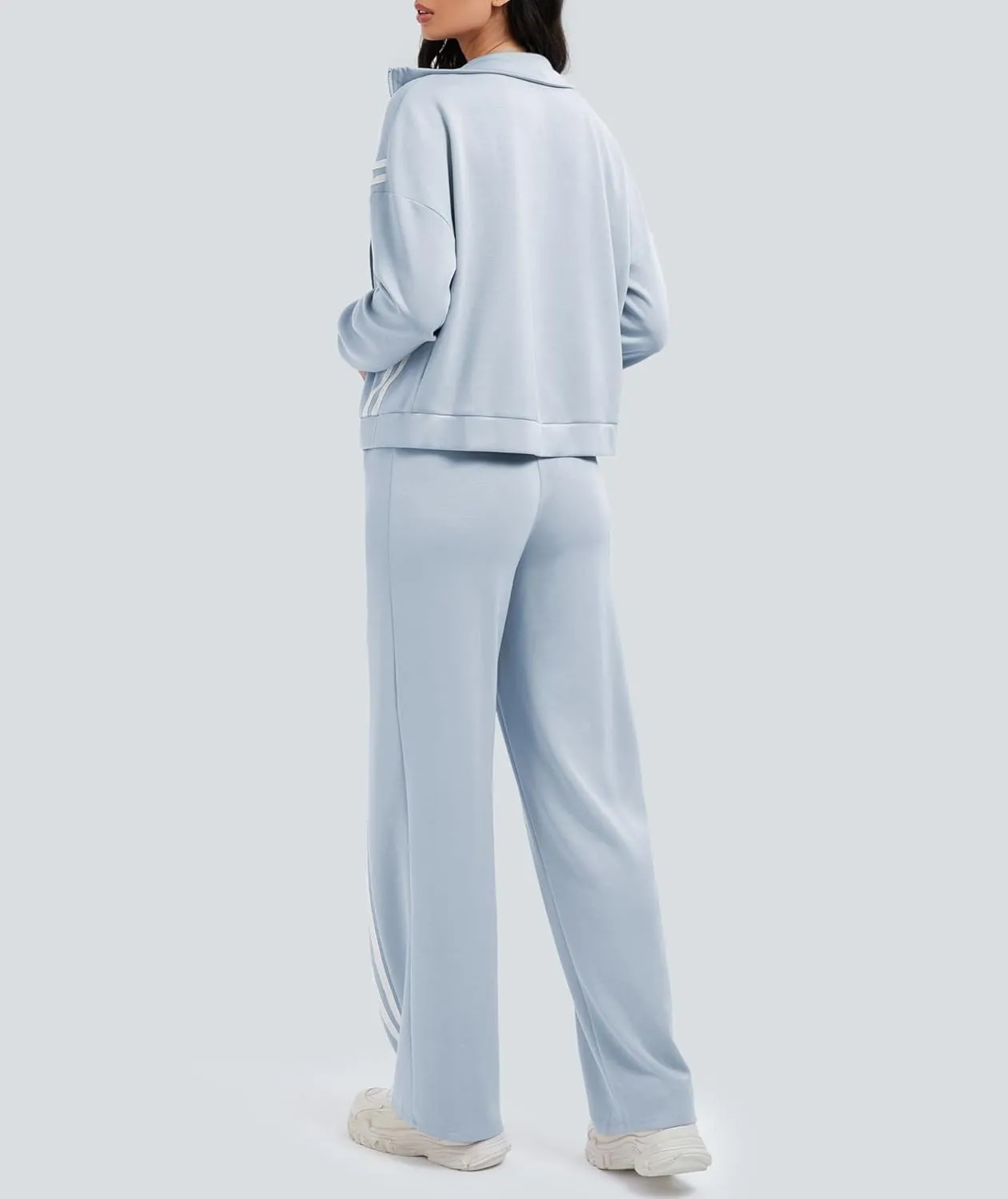 Women's 2 Piece Lounge Outfits Zip Up Sweat Set Contrast Striped Wide Leg Jogging Pants Travel Track Suit