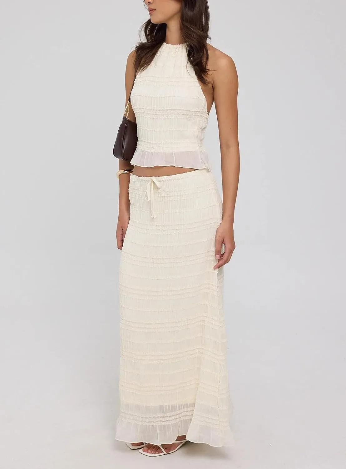 Womens 2 Piece Maxi Skirt Set Y2k Lace Up Halter Neck Tops and Flowy Long Skirt Summer Backless Beach Outfits